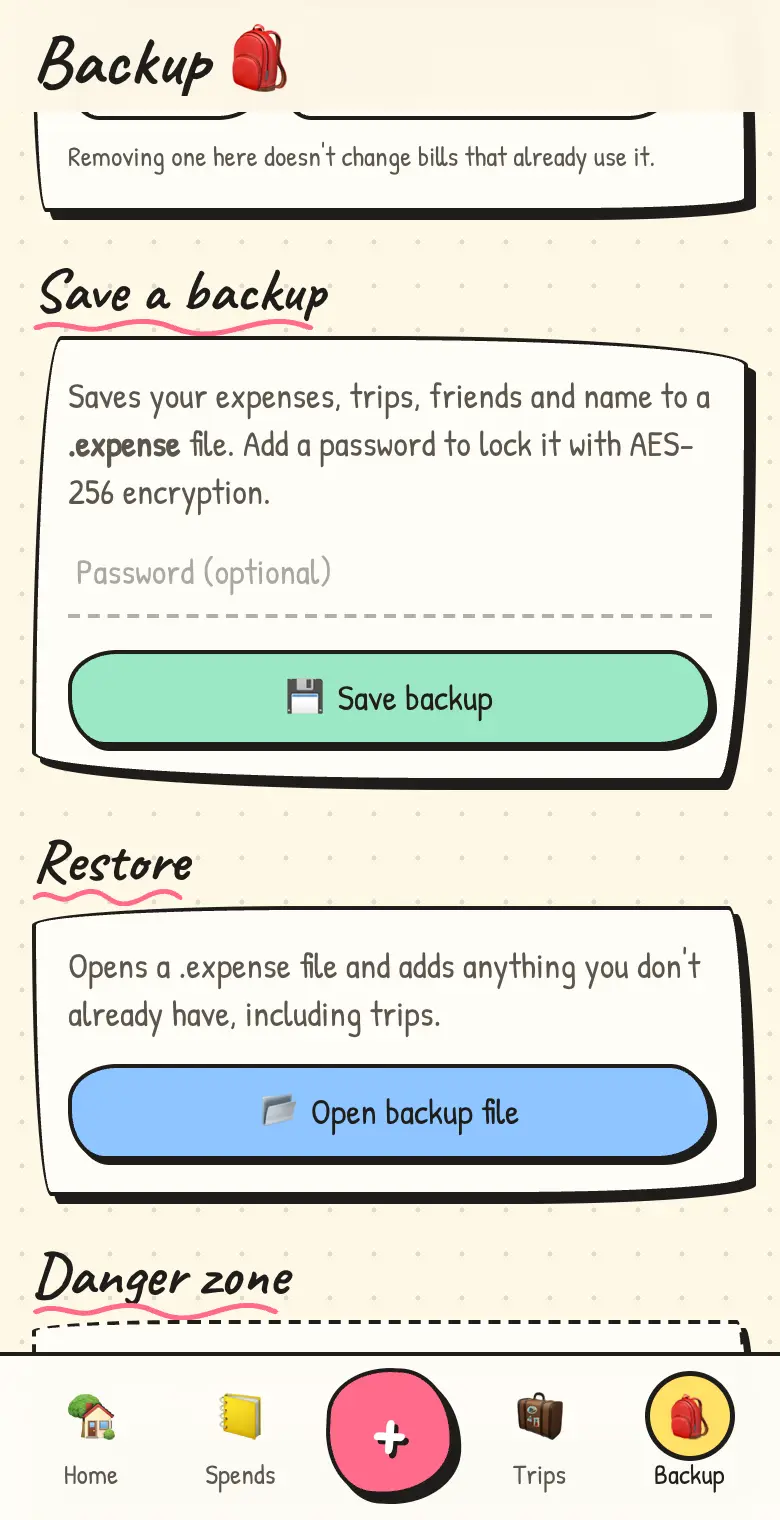 The backup screen with an optional password and a Save backup button