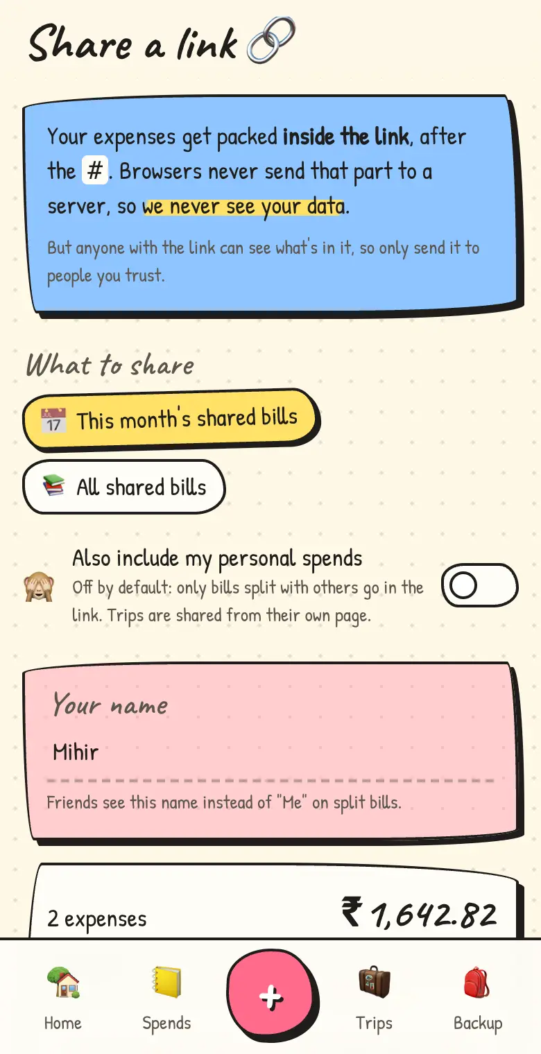The share screen: choose this month or everything, then copy or send the link
