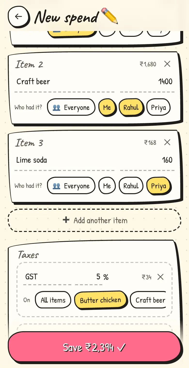 A bill split into items: craft beer with 20% VAT shared by Me and Rahul, lime soda for Priya only