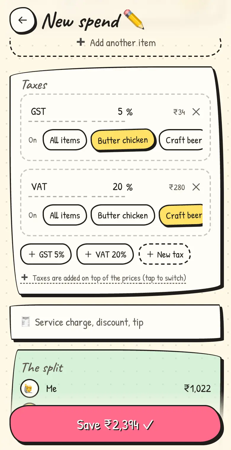 The Taxes box: GST 5% on the food and lime soda, VAT 20% only on the craft beer, with saved taxes below